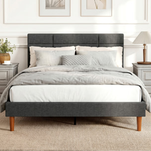 HOMCOM Cama Tapizada 140x200 cm con Cabecero Acolchado de Rejilla y Almacenaje Inferior, Marco de Cama Doble con Láminas de Madera, Diseño Moderno, Fácil Montaje, Gris