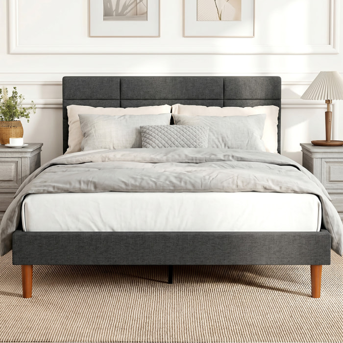 HOMCOM Cama Tapizada 140x200 cm con Cabecero Acolchado de Rejilla y Almacenaje Inferior, Marco de Cama Doble con Láminas de Madera, Diseño Moderno, Fácil Montaje, Gris