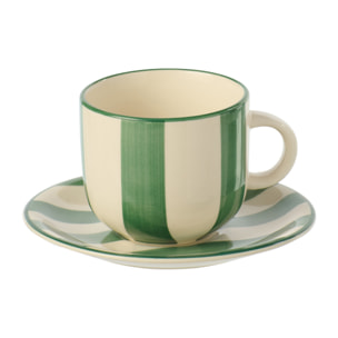 J-Line Tasse + Sous-tasse Ligné - céramique - vert/blanc - 6 pièces