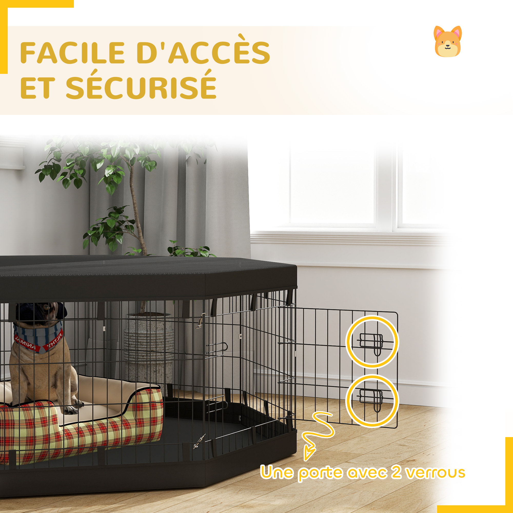 Parc enclos chien modulable intérieur 8 panneaux pliables - porte, bâche bas haut - acier noir