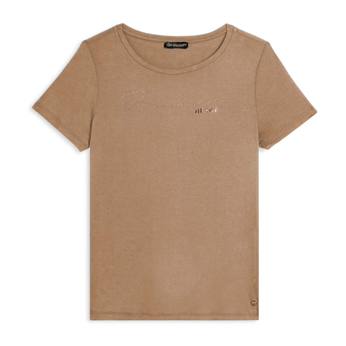 T-shirt donna con grafica in strass e logo sul fondo