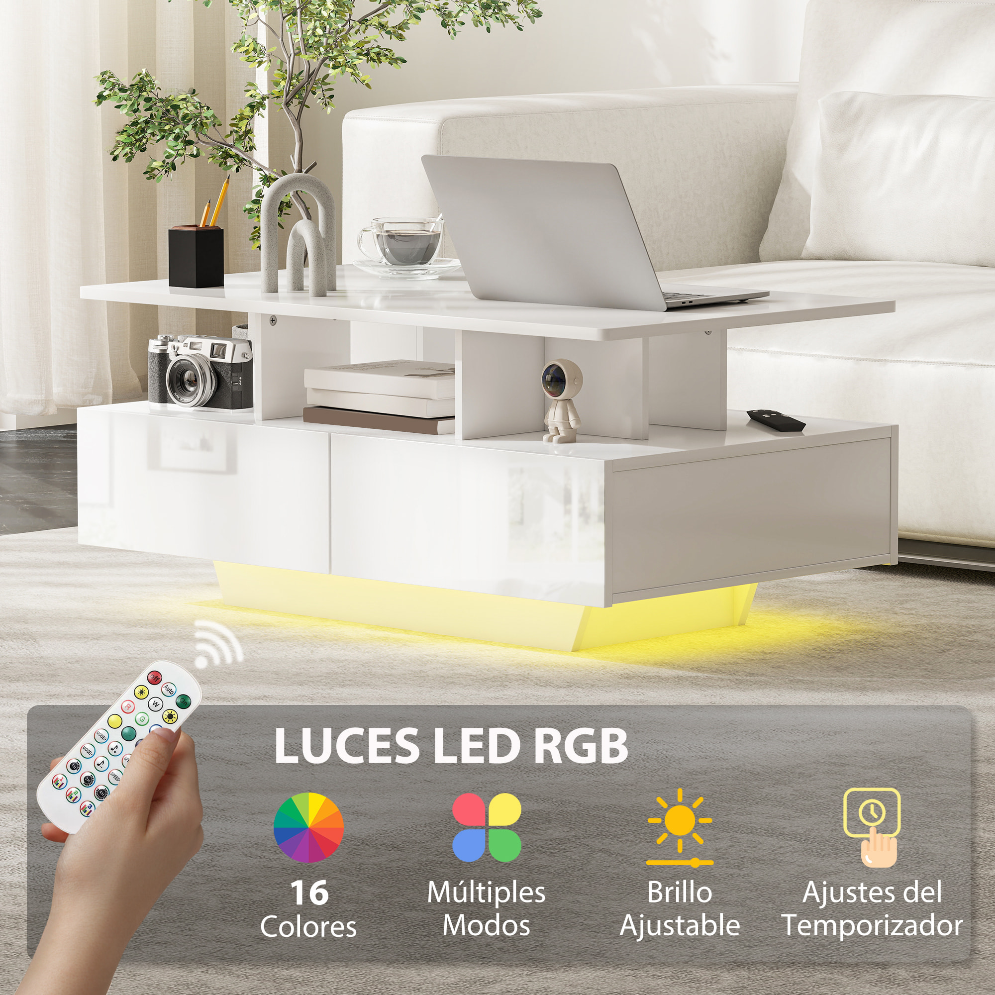 Mesa de Centro LED Moderna Mesa de Café Brillante con 4 Cajones Estante Abierto y Luces LED de 16 Colores para Salón 90x55x41 cm Blanco Brillo
