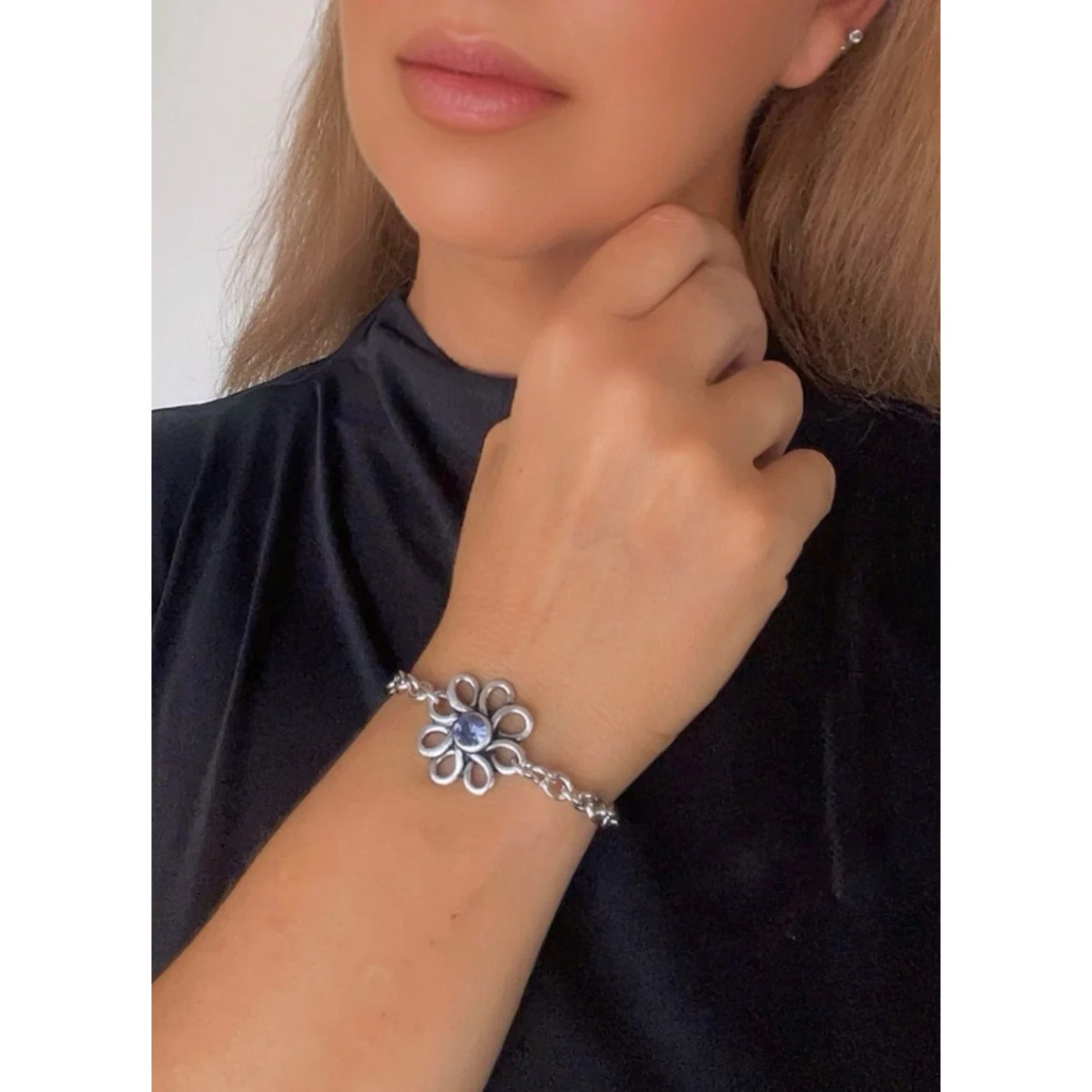 Pulsera flor margarita plata cristal Sw violeta