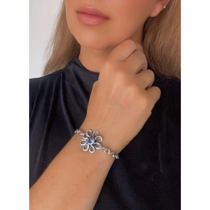 Pulsera flor margarita plata cristal Sw violeta