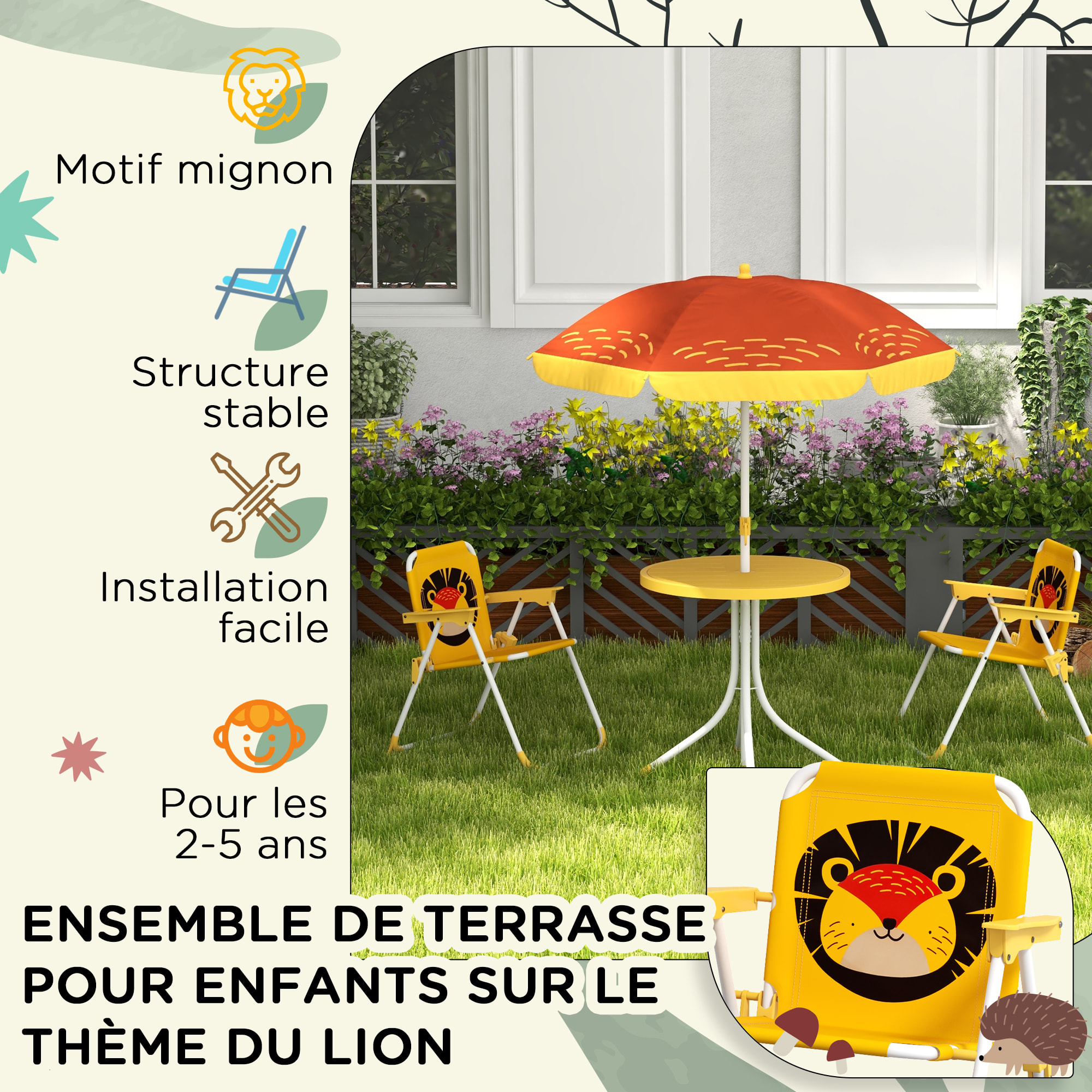 Ensemble salon de jardin enfant 4 pcs design lion - chaises pliables - métal polyester jaune rouge