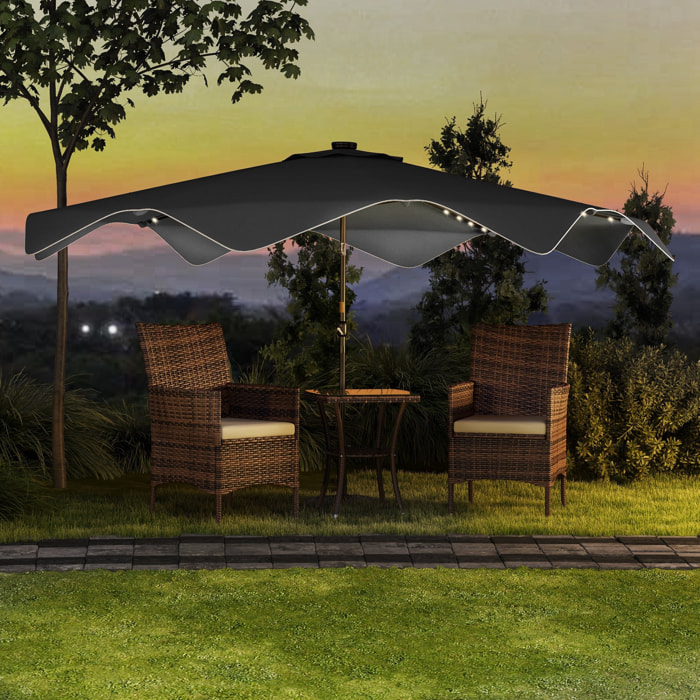 Sombrilla de Jardín Ø292x248 cm Parasol de Terraza Manual con 32 Luces LED Solares 8 Varillas Impermeable y Rejillas de Ventilación para Patio Balcón Gris Oscuro