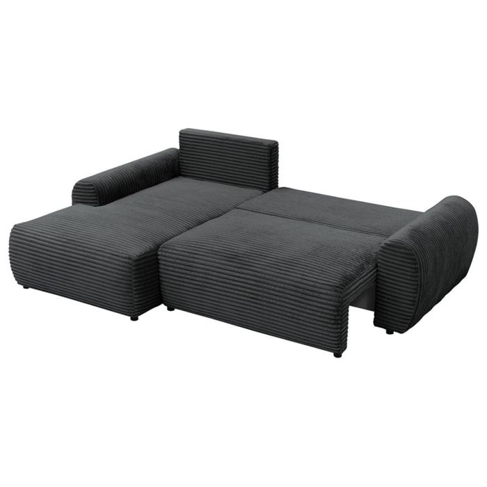 Silvano - Canapé d'angle gauche 4 places convertible avec coffre en velours côtelé grosses côtes - Gris foncé