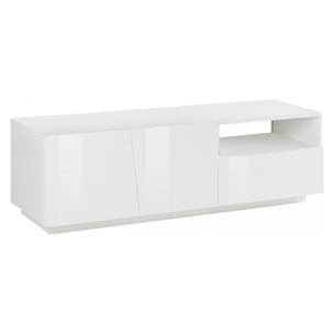 Mobile da soggiorno Porta TV, Made in Italy, Supporto per TV da salotto a 2 ante e 1 cassetto, cm 150x43h46, colore Bianco lucido