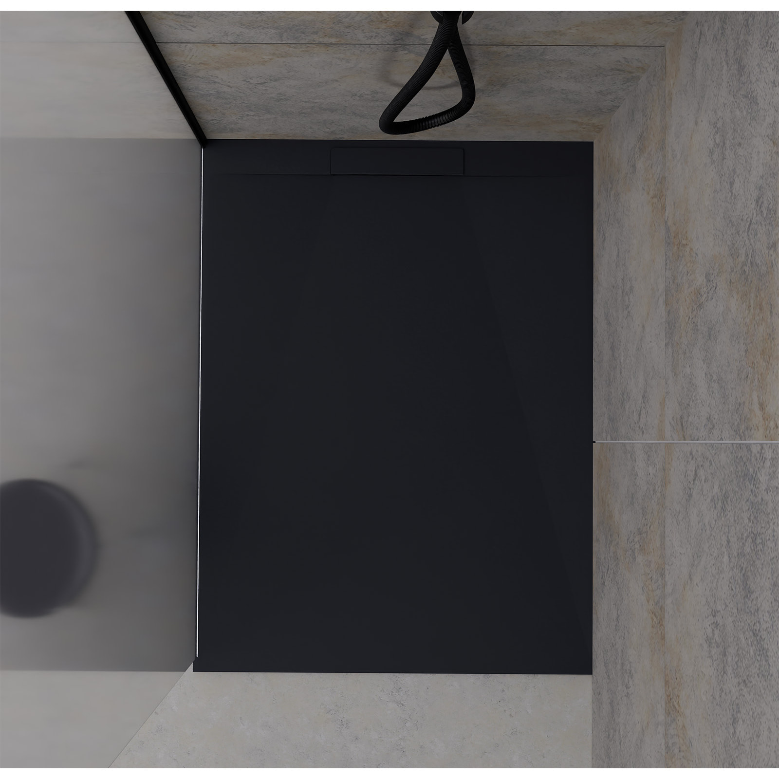 Receveur 120x80x3cm Extra-plat en Polybéton Noir Mat Effet Pierre - Redécoupable - LIANA