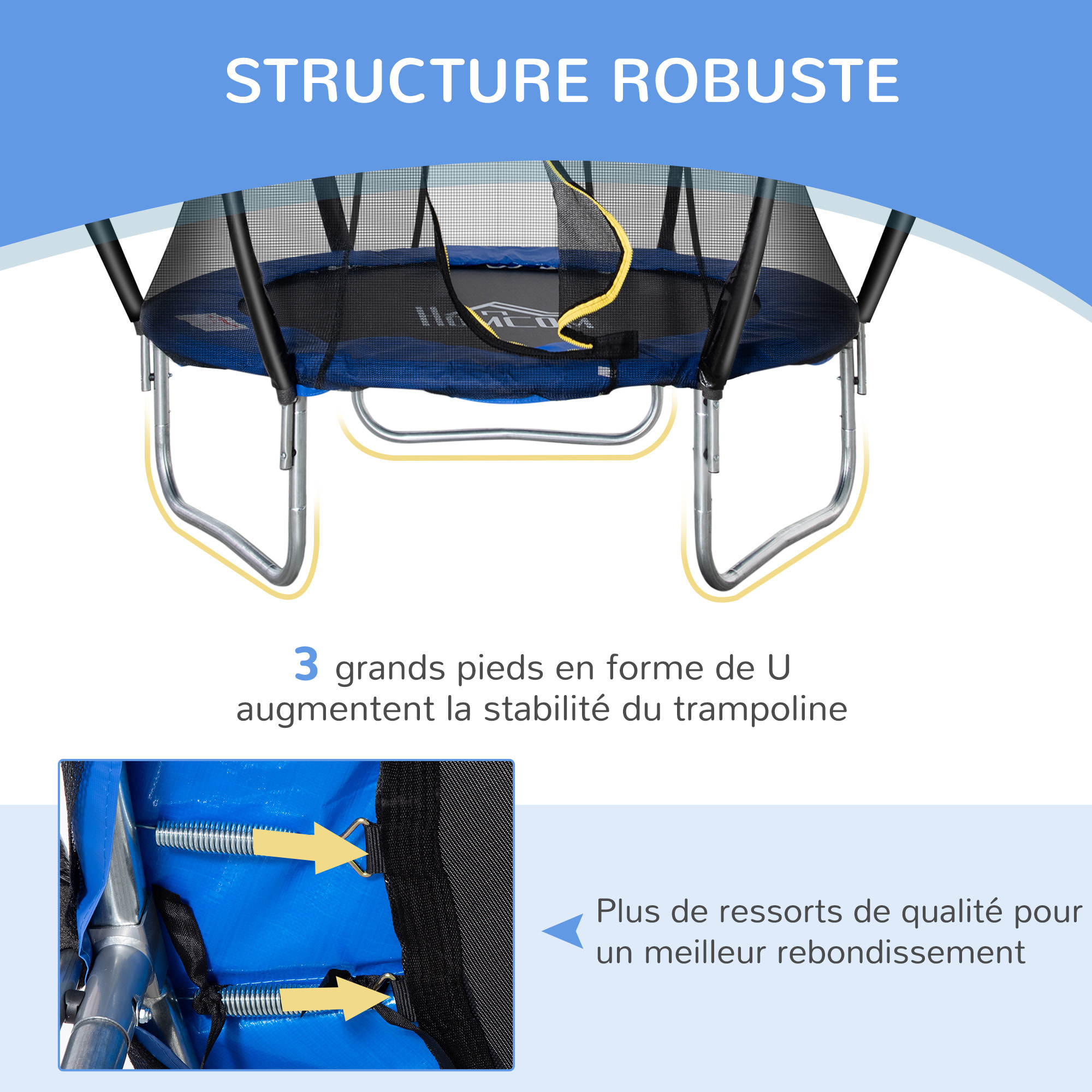Trampoline enfant Ø 2,25 × 2,35H m filet de sécurité porte zipée couvre-ressorts 6 poteaux rembourrés incurvés bleu