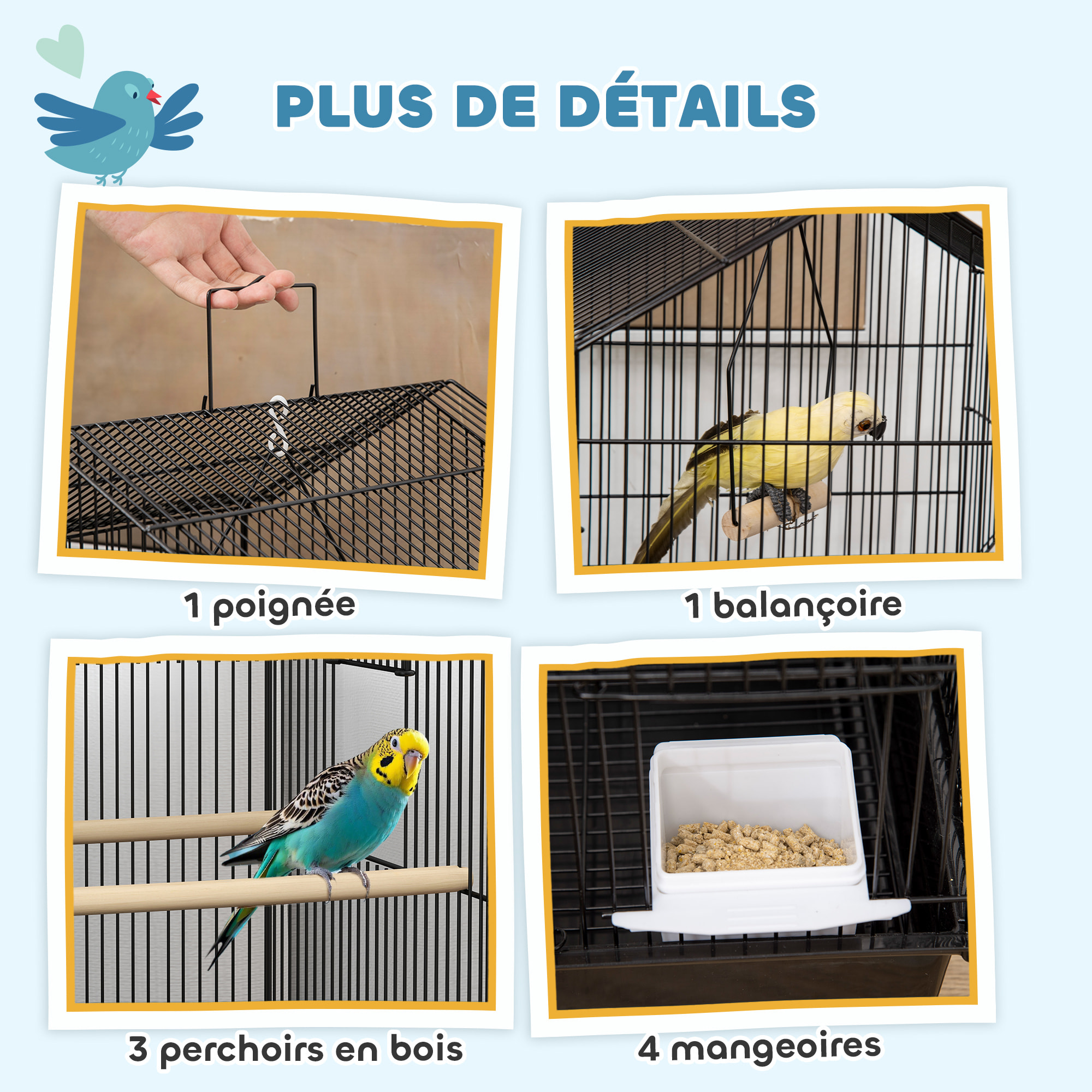 Cage à oiseaux design maison mangeoires perchoirs balançoire grande porte 8 trappes plateau déjection
