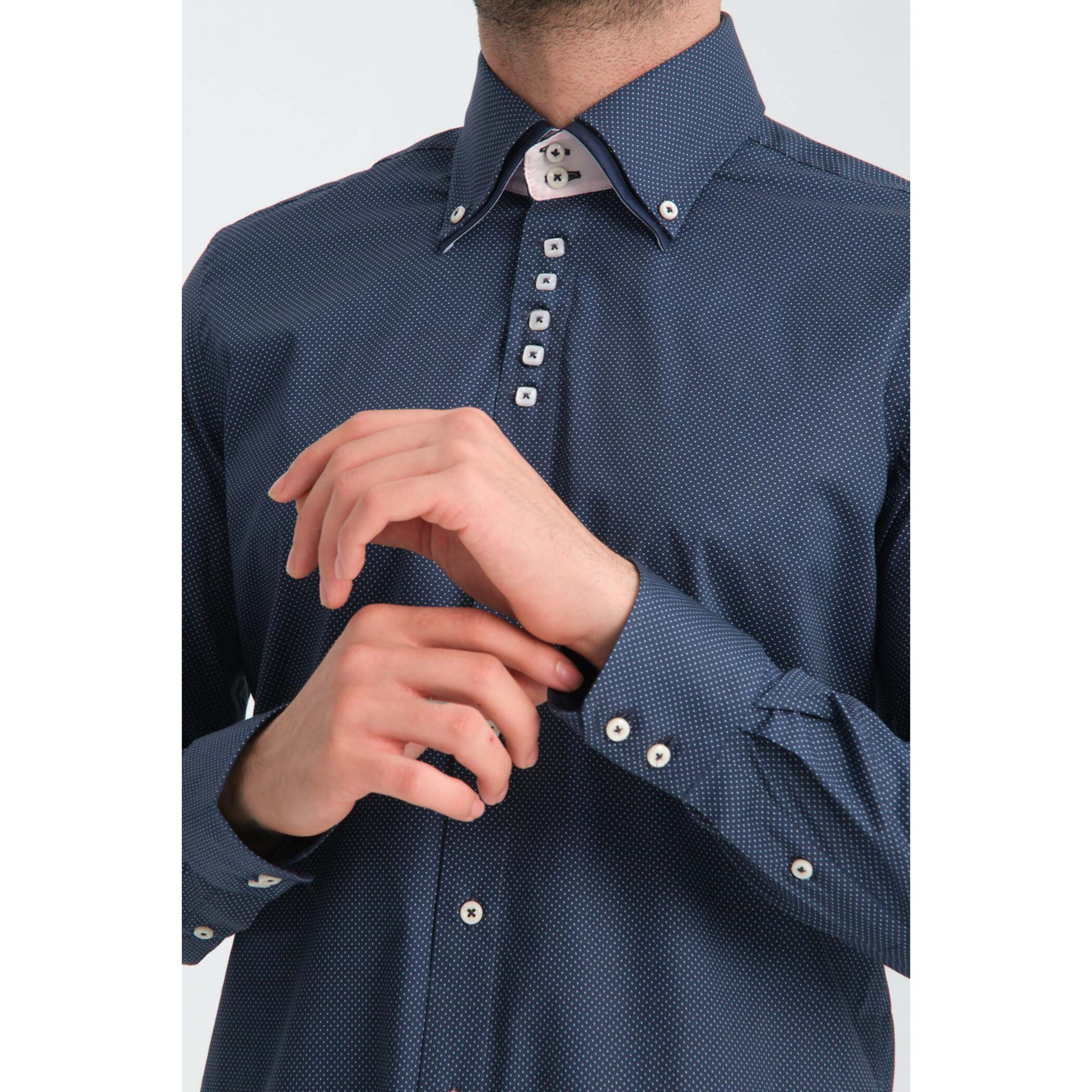 Camicia Uomo 2 Bottoni Button Down 7bottoni Doppio Coll Jacquard Fantasia Blu/Celeste