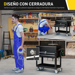 Carro de Herramientas con Ruedas, Carro de Taller Móvil con Tapa Deslizante, 2 Cajones con Cerradura, Bandeja, Caja de Herramientas de Acero, para Taller, Garaje, Negro