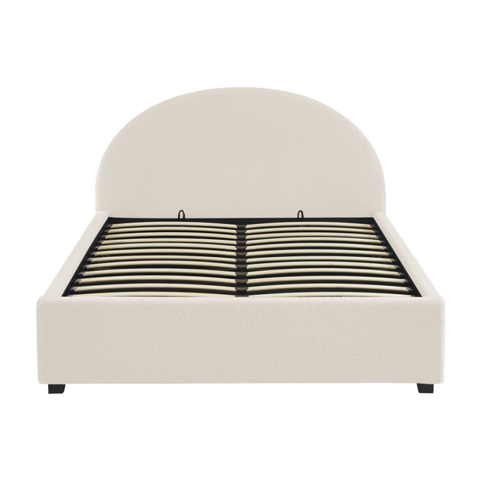Lit coffre avec sommier à lattes et tête de lit. finition bouclette. blanc. L 206 x P 153.5 x H 102cm