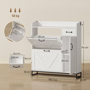 Zapatero Estrecho con 2 Cajones Abatibles, Zapatero Entrada Recibidor Rústico con Cajón y Estantes Ajustables, para 12 Pares de Zapatos, para Pasillo, Espacio Reducido, 106,7x26x116 cm, Blanco