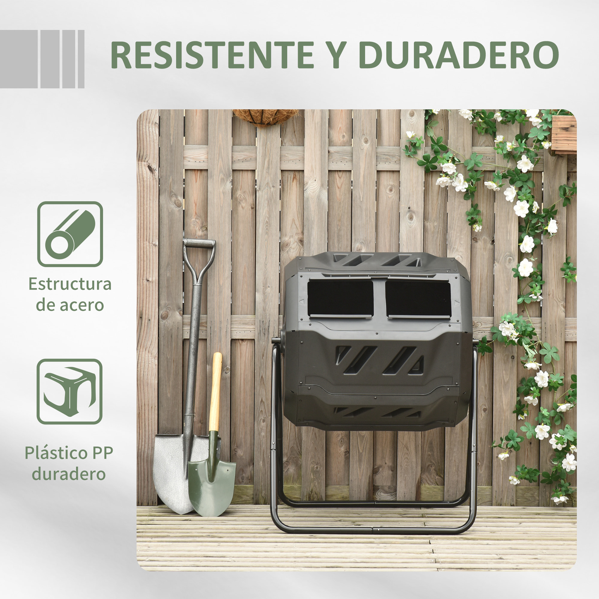 Compostador Giratorio de 160L Contenedor de Compostaje de Jardín de Doble Cámara Compostadora con Aberturas de Ventilación y Patas de Acero 71x65x96 cm Negro y Verde