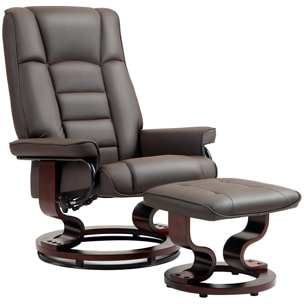 Fauteuil relax inclinable pivotant réglable avec repose-pied bois revêtement synthétique chocolat