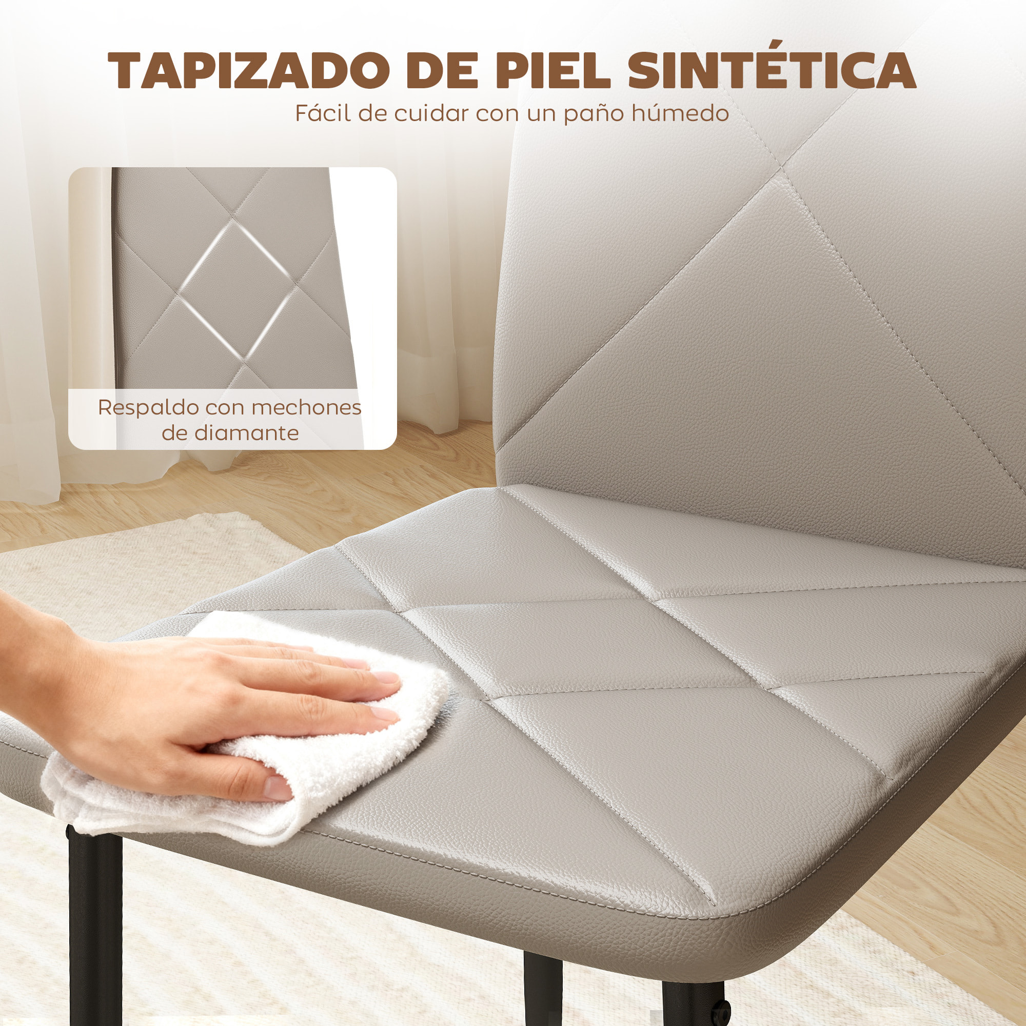 Pack de 4 Sillas de Comedor, Sillas de Cocina Modernas, Tapizadas de Cuero Sintética, Respaldo Alto, Asiento Acolchado, Patas de Acero, Gris