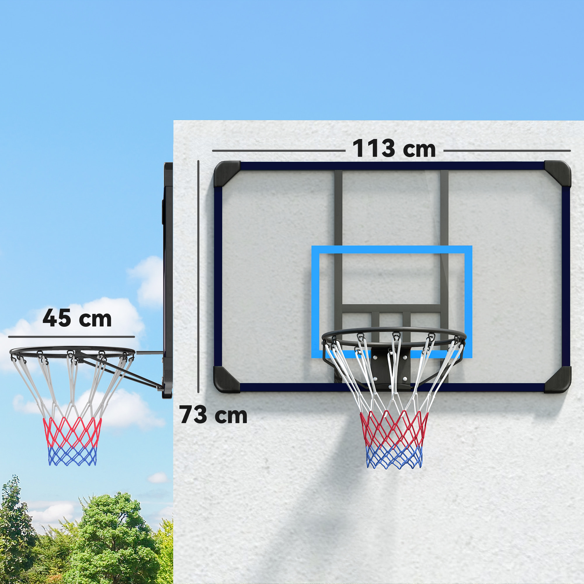 Canasta de Baloncesto de Pared Tablero de Baloncesto Aro de Baloncesto para Exterior 113x61x73 cm Azul y Negro