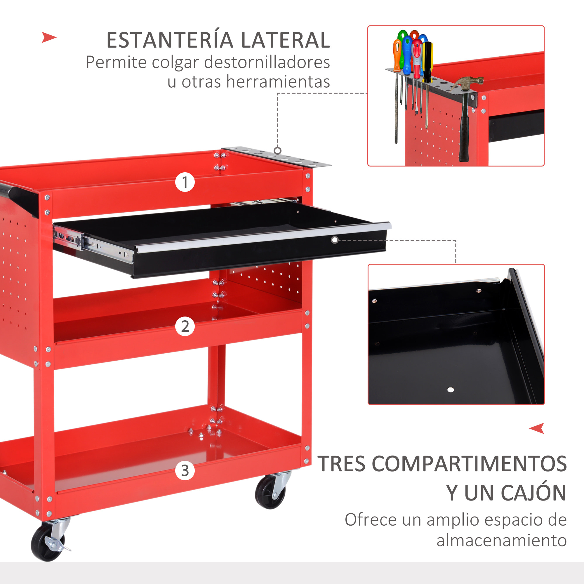 Carro de Taller, Carro de Herramientas con 3 Bandejas y Cajón, Ruedas con Frenos, Asa Lateral, Panel Lateral Perforado, para Garaje Mecánico, Hogar, Rojo