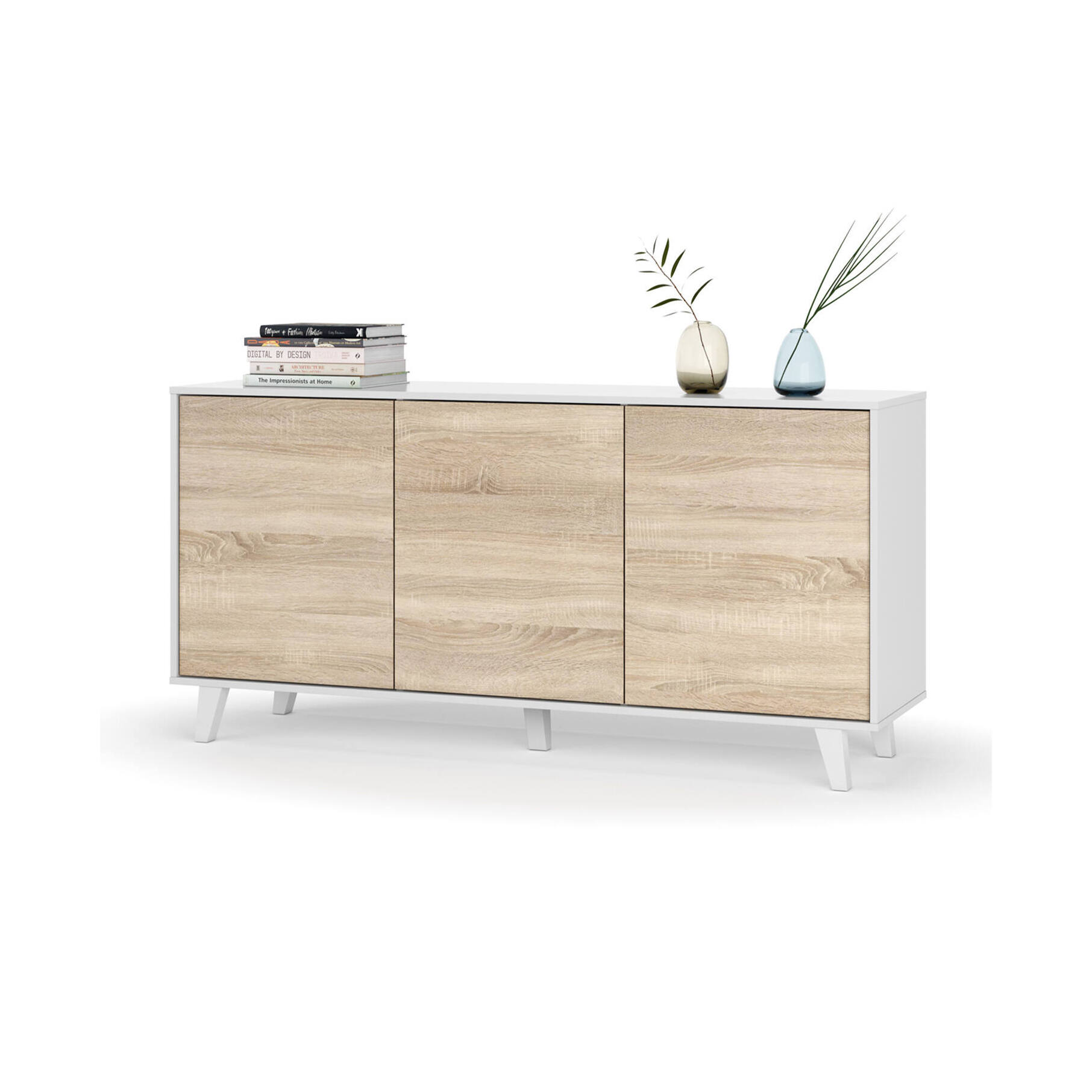 Credenza Arvada, Madia moderna a 3 ante e ripiani, Buffet da cucina, Buffet di design da soggiorno, cm 154x40h75, Bianco lucido e Bianco