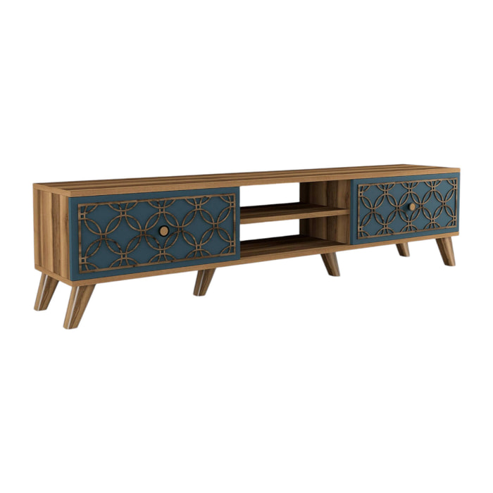 Mobile porta TV Albonese, Credenza da soggiorno, Armadio basso per TV, Base parete attrezzata, 180x35 h44 cm, Noce e Blu