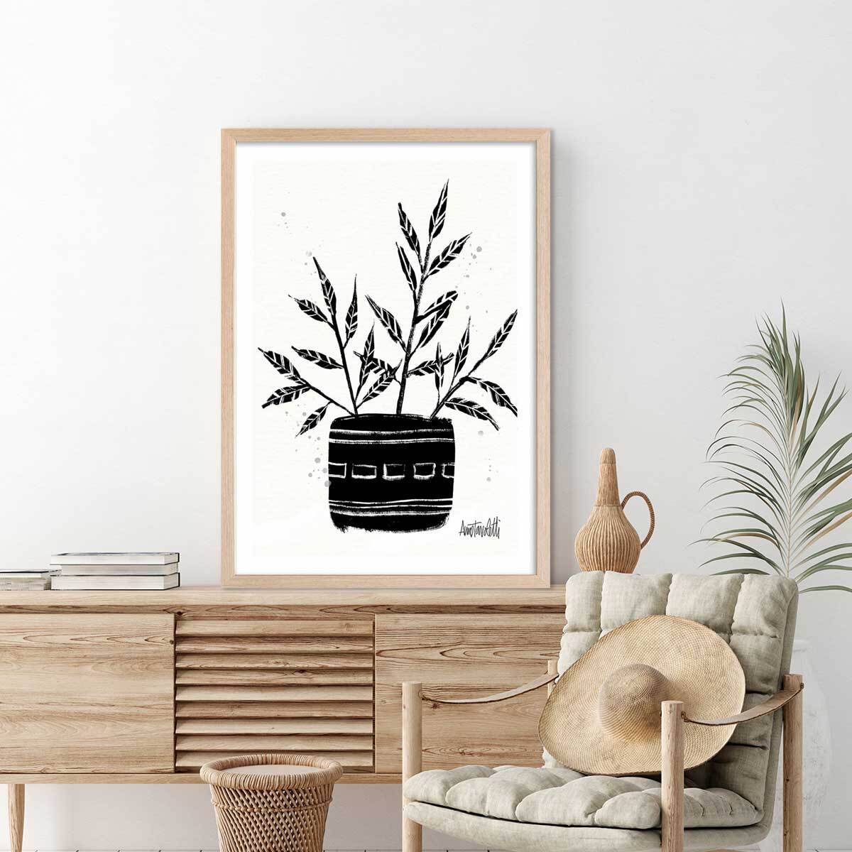 Illustration Botanique et Poterie terre cuite Affiche + cadre en bois - Chêne