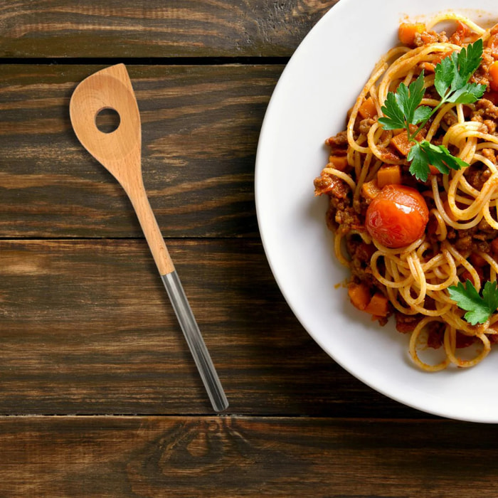 Cuillère en bois biseautée avec un trou manche inox 34 cm Fackelmann Boissellerie