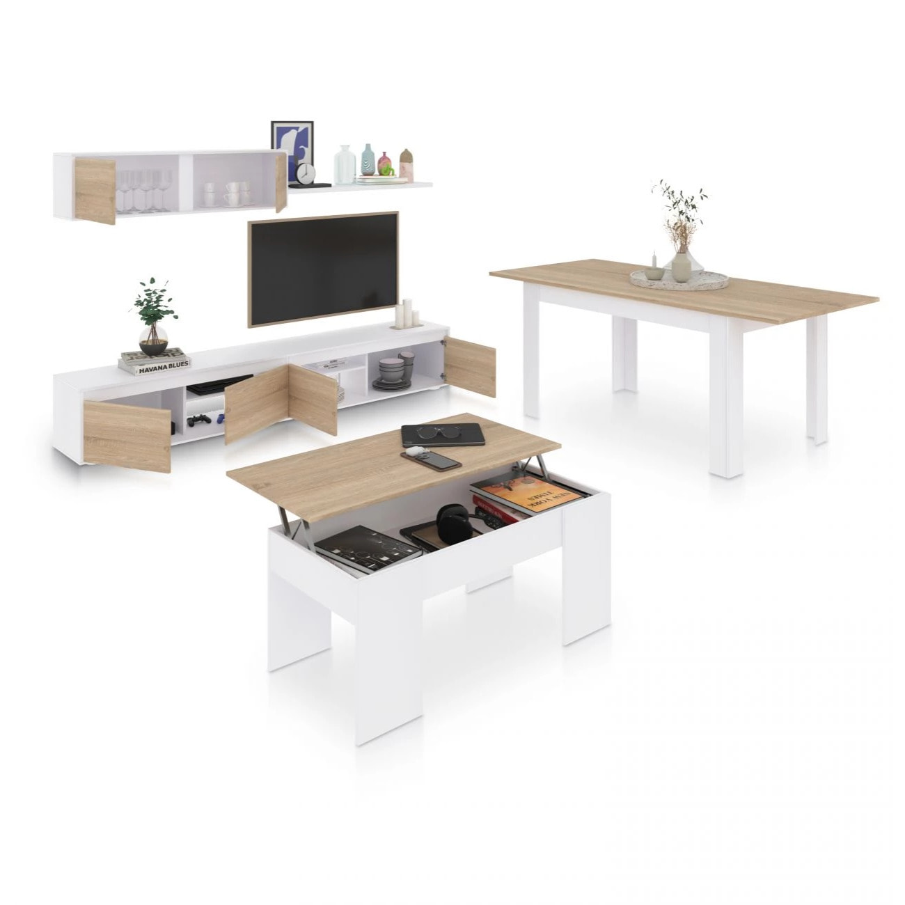 Pack salón con mesa de centro y mesa de comedor Arlet Max V2B Blanco Artik (Blanco Mate) - Roble Canadian