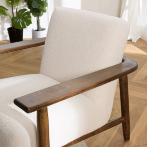 GASTON - Fauteuil tissu bouclette écru structure et accoudoirs en bois