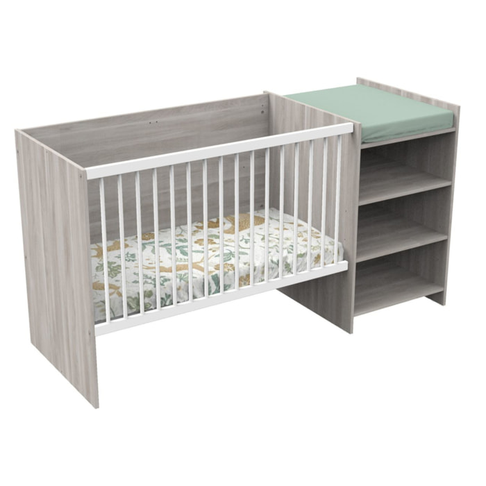 Lit bébé combiné 120x60 évolutif en 90x190 en décor bois avec commode à langer étagère