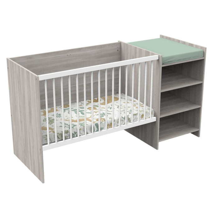 Lit bébé combiné 120x60 évolutif en 90x190 en décor bois avec commode à langer étagère