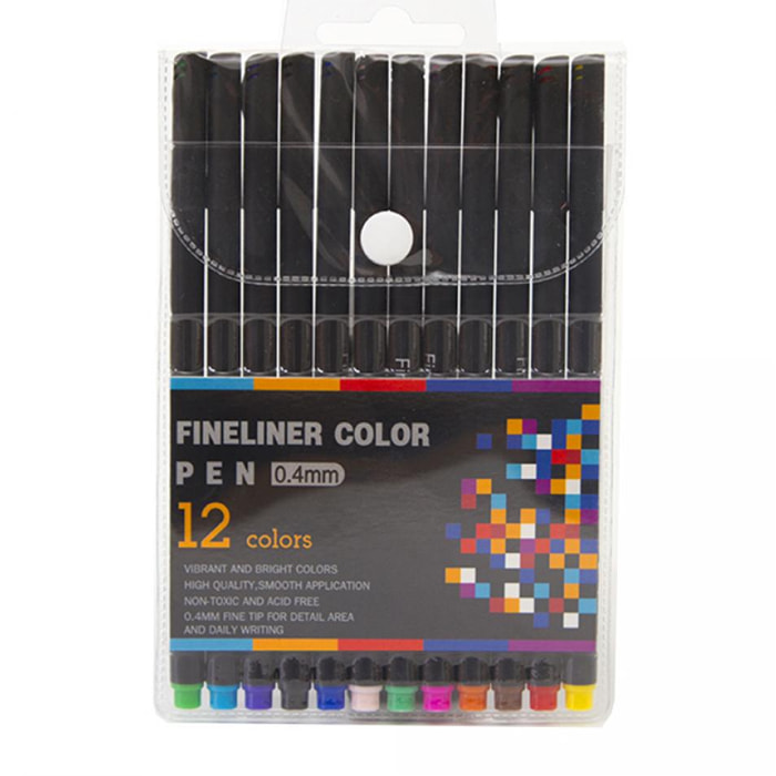 Set di 12 penne professionali COLOR FINELINER punta fine 0,4 mm. Colori definiti e brillanti per contorni, illustrazioni, mandala...