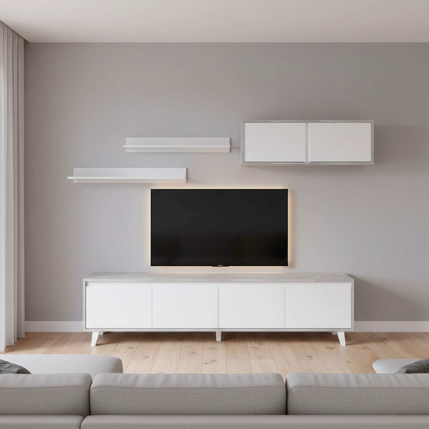 Parete Attrezzata Mobile Porta TV Con Pensile E Mensole Set Da Soggiorno Design Moderno Per Televisori Fino A 77” 200x41x50 Cm Bianco E Grigio Cemento