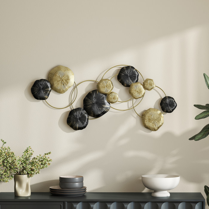 Décoration murale métal - décoration murale design feuilles de lotus - dim. 84 x 35 cm - doré noir