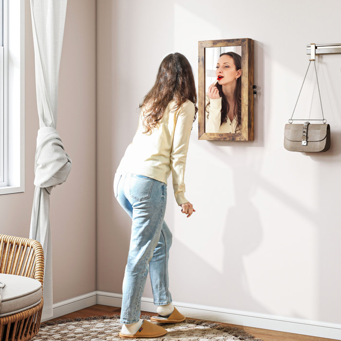 Espejo Joyero de Pared Armario para Joyas con Cerradura y Varios Compartimentos Montar en Pared o Puerta para Pendiente Collar Anillo Pulsera Regalo Marrón Rústico y Forro Negro