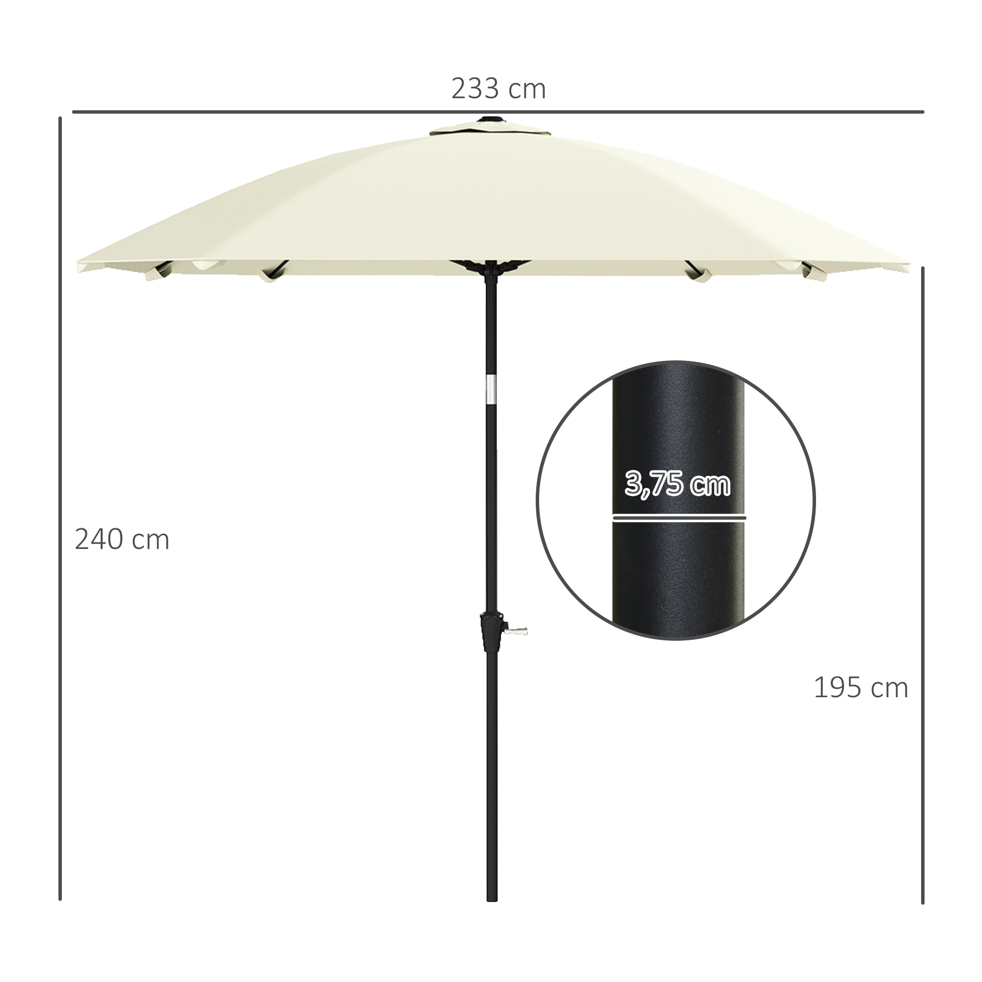 Sombrilla Terraza Exterior 233x233 cm Sombrilla de Jardín con Ángulo Ajustable Impermeable Poste de Aluminio Varillas de Fibra de Vidrio y Manivela Parasol para Patio Terraza Crema