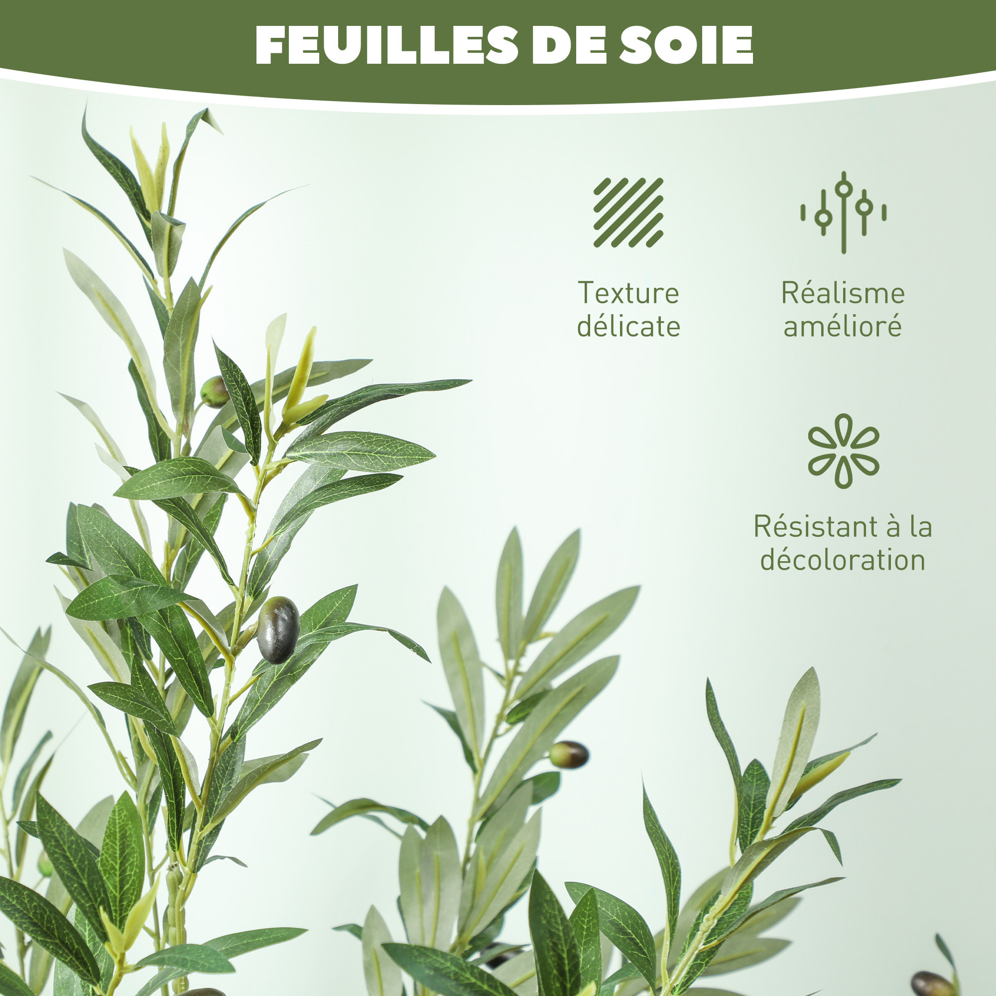 Olivier artificiel H.180 cm - grand réalisme - 900 feuilles en soie, 40 olives - mousse effet lichen pot inclus