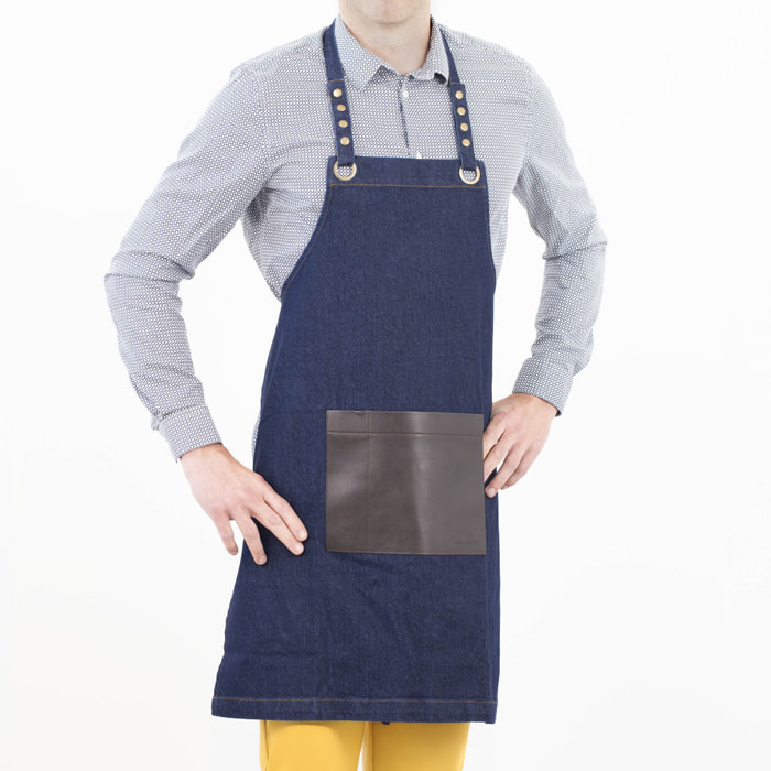 Honoré - Tablier en tissu denim avec poche en simili cuir marron