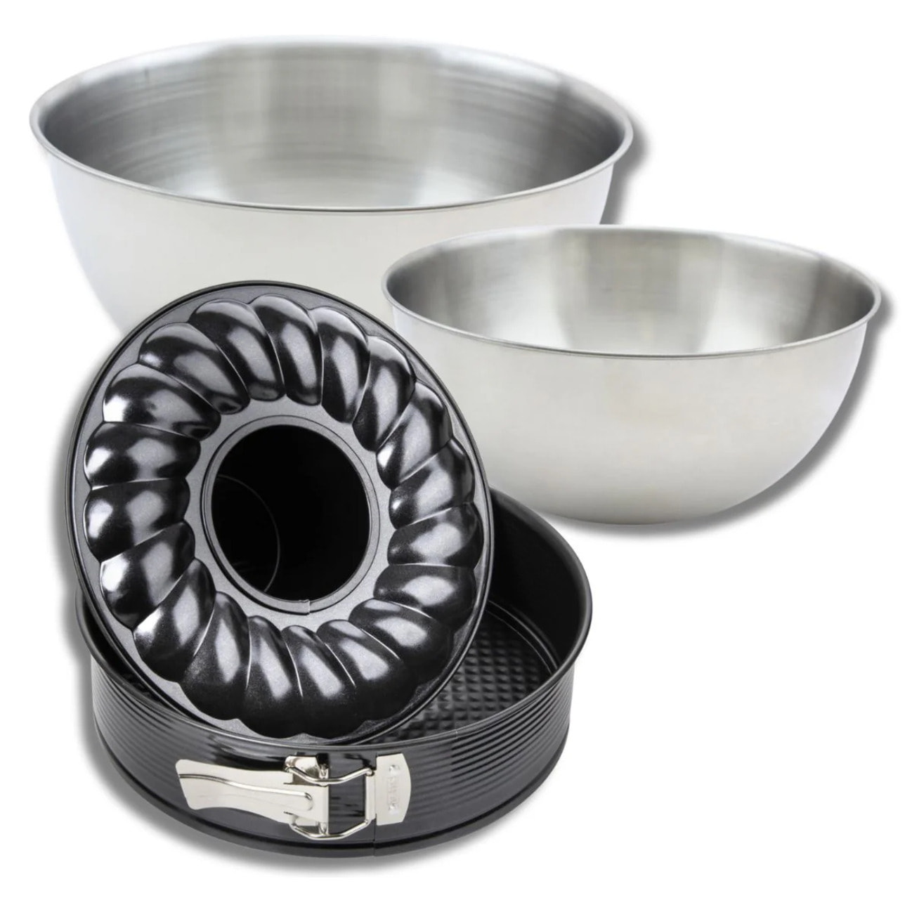 Set avec 1 Moule à manqué et à savarin 28 cm, 1 spatule Zenker et 2 bols à mixer en inox Fackelmann