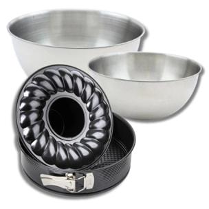 Set avec 1 Moule à manqué et à savarin 28 cm, 1 spatule Zenker et 2 bols à mixer en inox Fackelmann