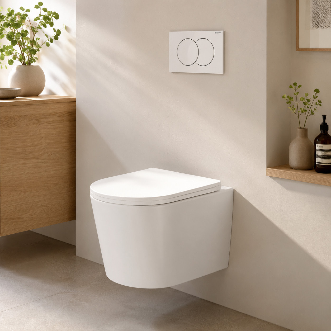 Duofix Pack WC bâti-support + WC suspendu sans bride avec abattant SoftClose Ceramia + plaque blanche (GEBCE14WT05-FR)