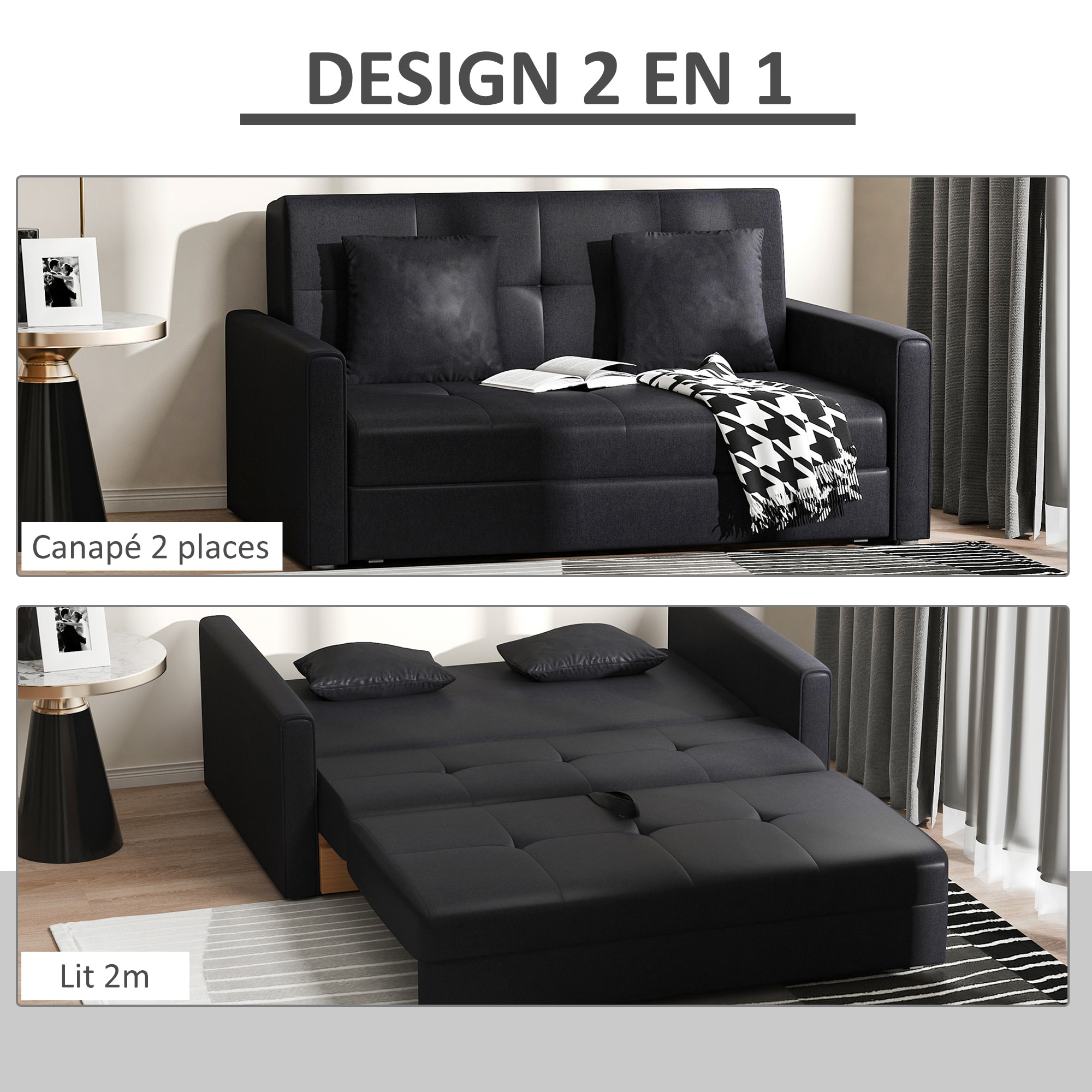 Canapé convertible 2 places canapé-lit clic clac 2 coussins inclus coffre de rangement intégré tissu anthracite