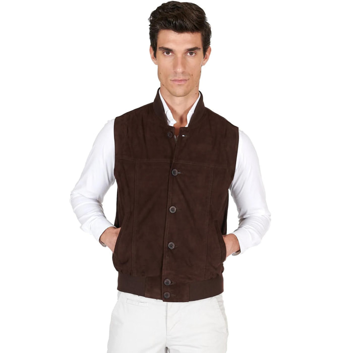 Gilet in pelle camoscio testa di moro con bottoni