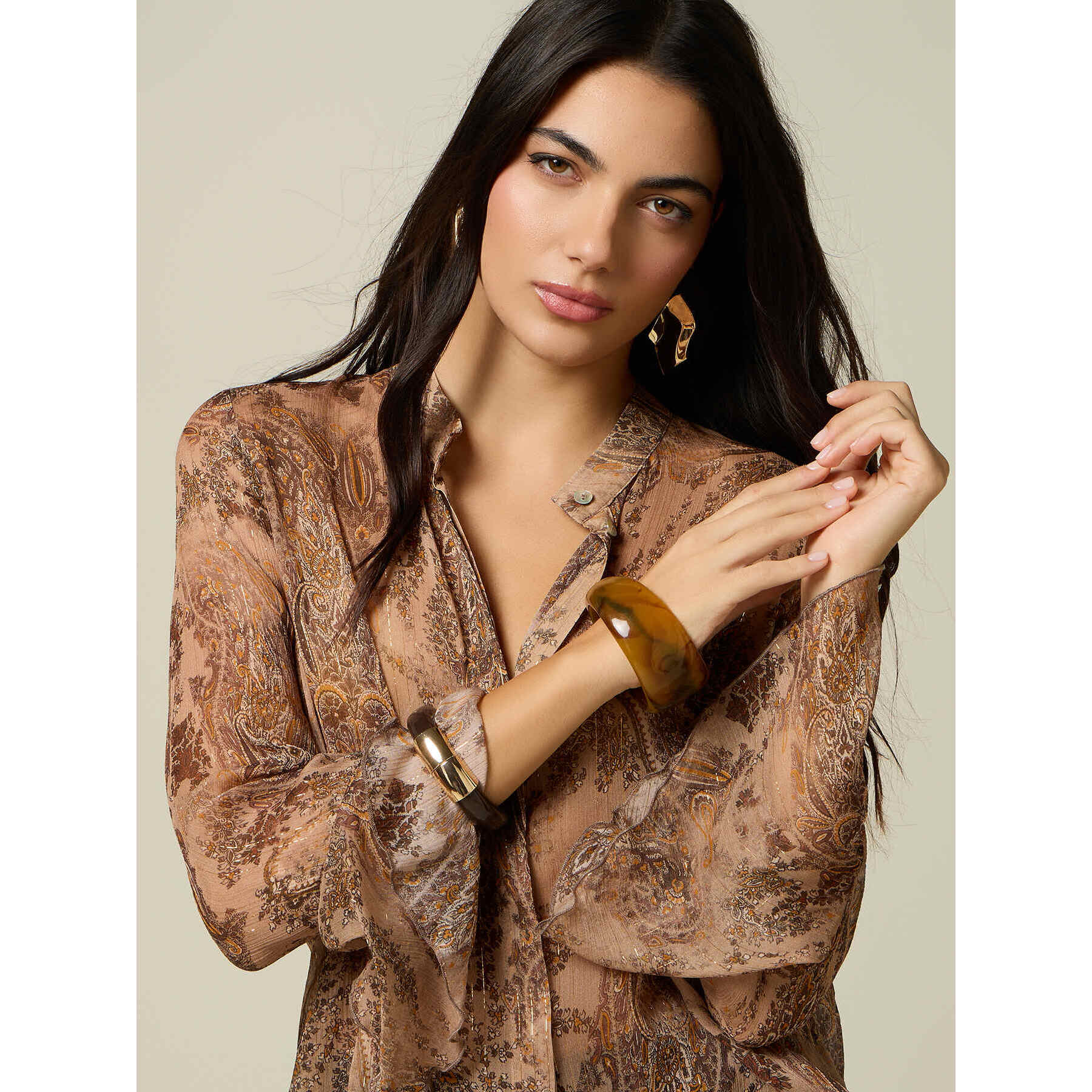 Oltre - Camicia fantasia in creponne - Marrone