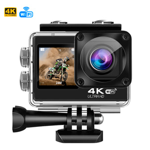 Camera Sportiva AT-Q60AR 4k 30fps con 15,9 mpx, doppio schermo di 2" e 1,3" con una moltitudine di accessori sportivi e WIFI.