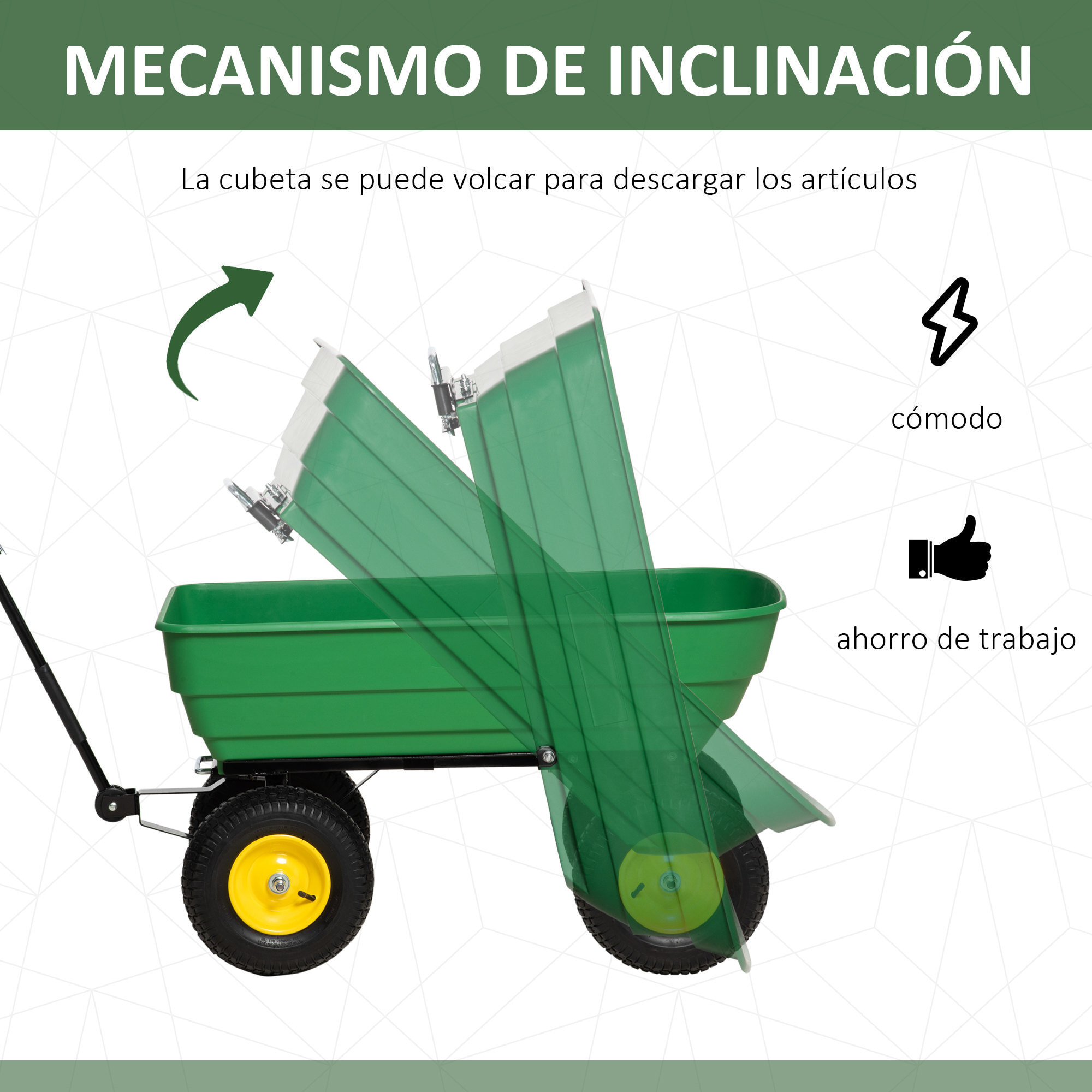 Carro de Jardín Basculante Capacidad 125 L Carga 200 kg Carretilla de Transporte Carro para Playa con Marco de Acero y 4 Ruedas Neumáticas Verde