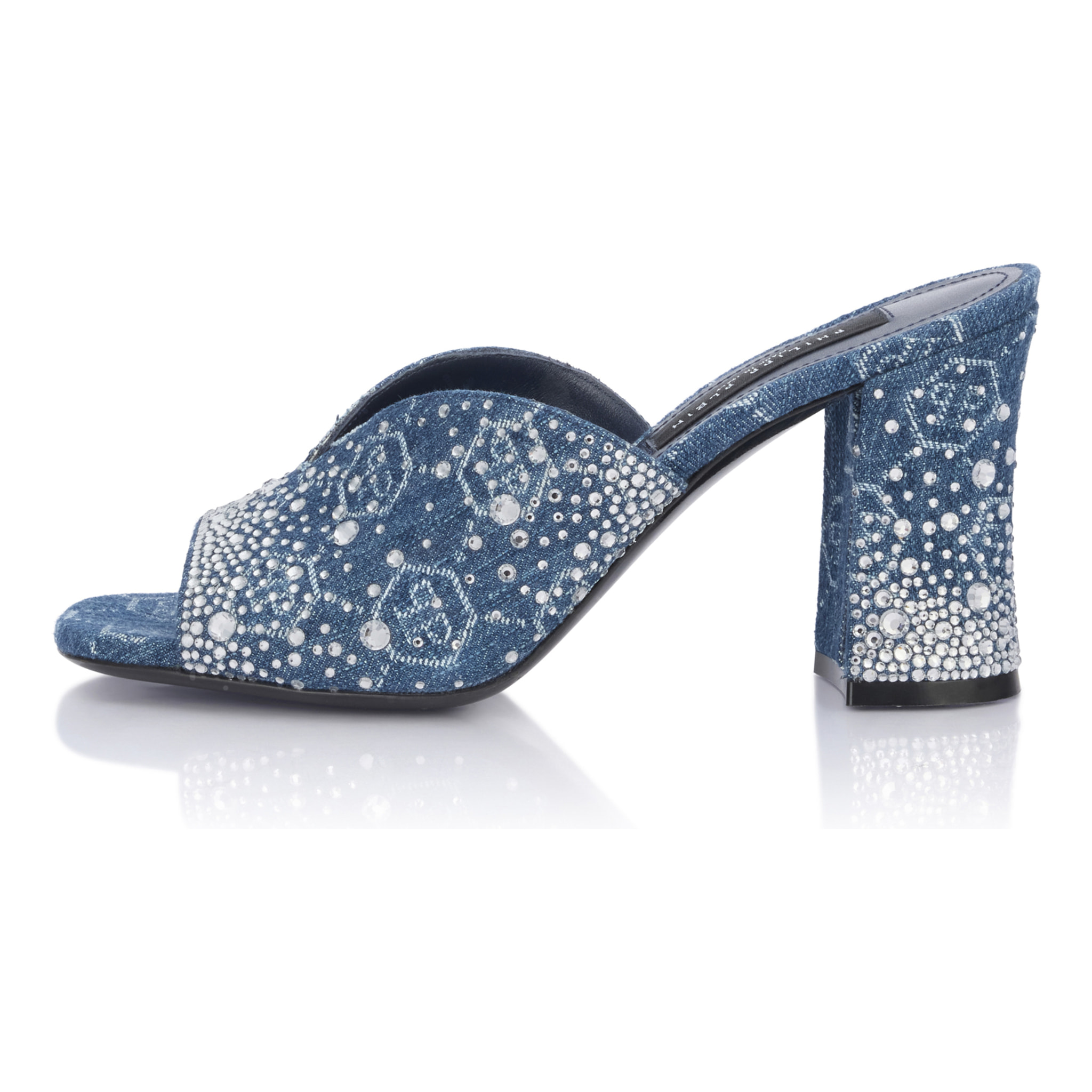 PHILIPP PLEIN Denim Mid Heels Platform Sandals Monogram Strass