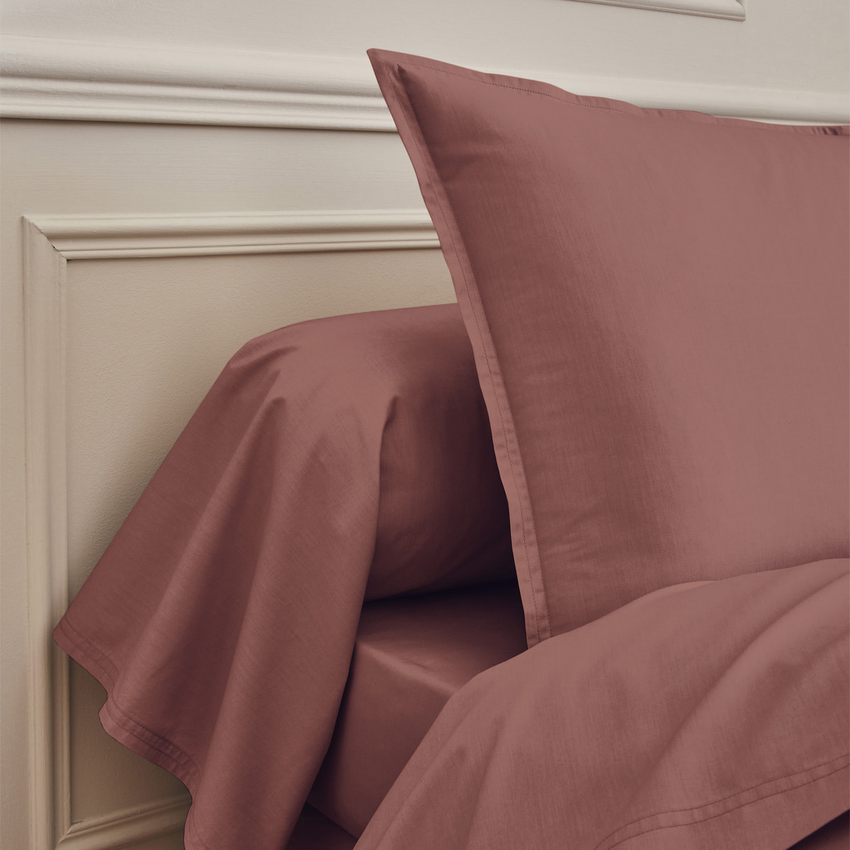Taie d'oreiller unie en percale de coton, PREMIÈRE, Bois de rose