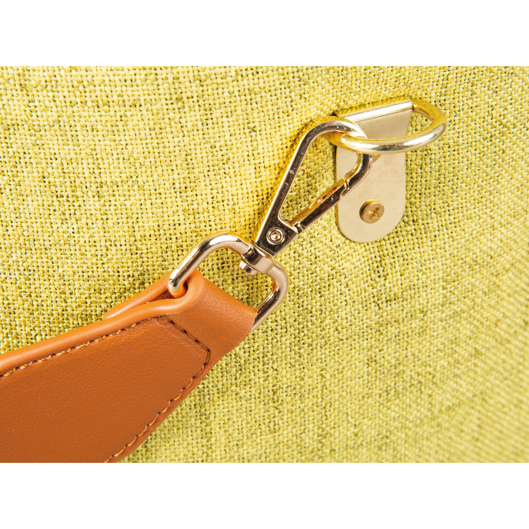Pouf in tessuto con maniglia in ecopelle, 42 x 36 x 30, Giallo